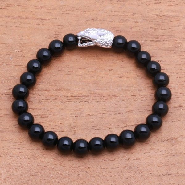 Alternate image for Rhodium Plated Snake-Themed Onyx Beaded Stretch Bracelet Fierce Snake