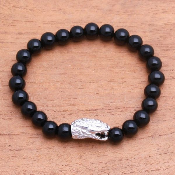 Alternate image for Rhodium Plated Snake-Themed Onyx Beaded Stretch Bracelet Fierce Snake