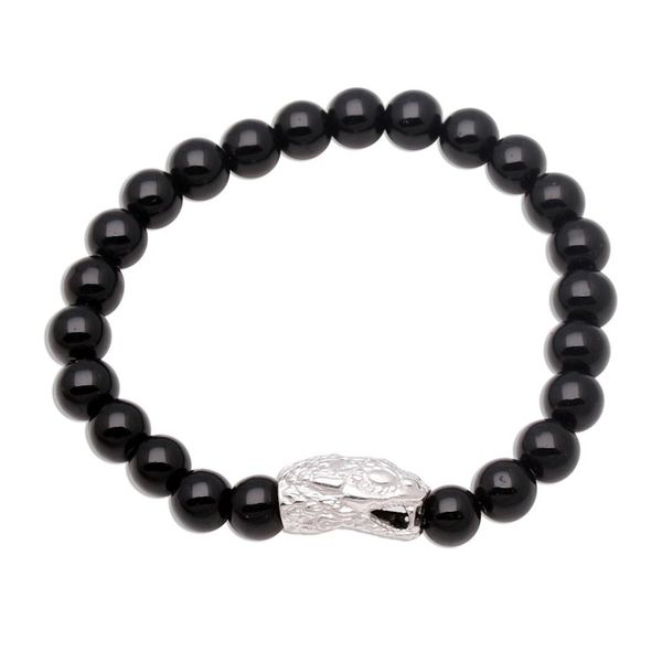 Alternate image for Rhodium Plated Snake-Themed Onyx Beaded Stretch Bracelet Fierce Snake