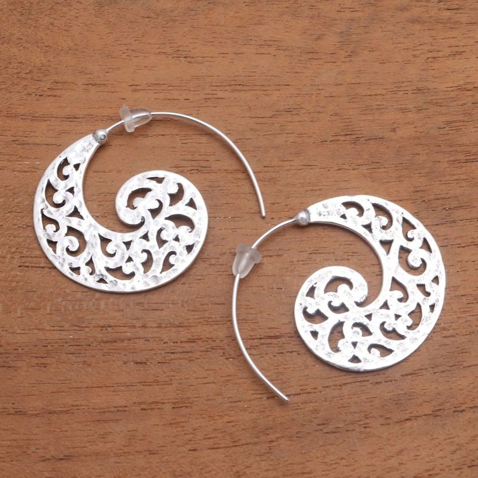 Openwork Sterling Silver Half-Hoop Earrings from Bali 'Wave Crests'