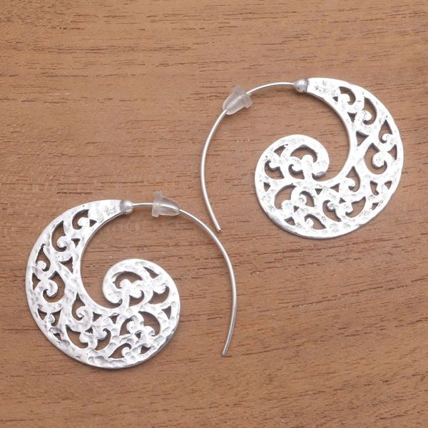 Alternate image for Openwork Sterling Silver Half-Hoop Earrings from Bali Wave Crests
