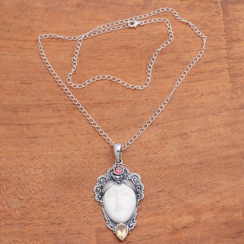Citrine and Garnet Pendant Necklace from Bali 'Silent Muse'