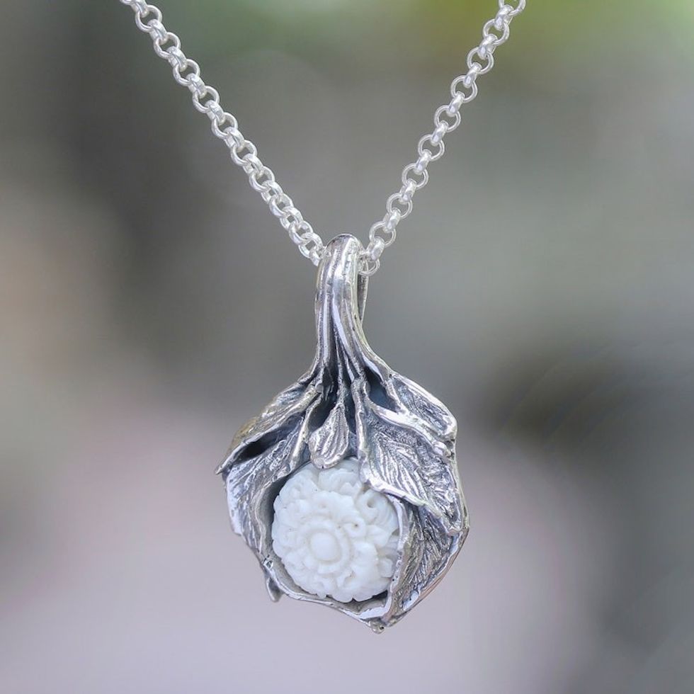 Floral Sterling Silver Pendant Necklace from Bali 'Leafy Flower'