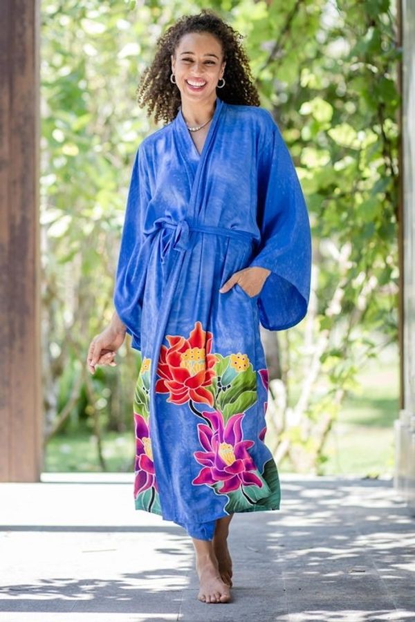 Alternate image for Blue and Multicolored Floral Rayon Robe Beautiful Flowers in Blue