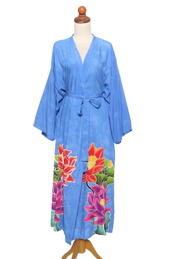 Alternate image for Blue and Multicolored Floral Rayon Robe Beautiful Flowers in Blue