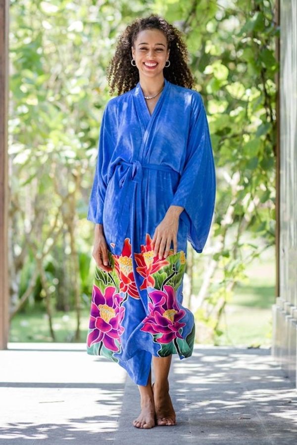 Alternate image for Blue and Multicolored Floral Rayon Robe Beautiful Flowers in Blue