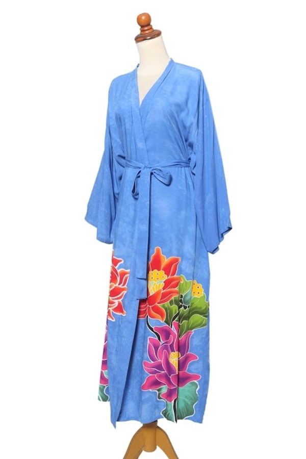 Alternate image for Blue and Multicolored Floral Rayon Robe Beautiful Flowers in Blue