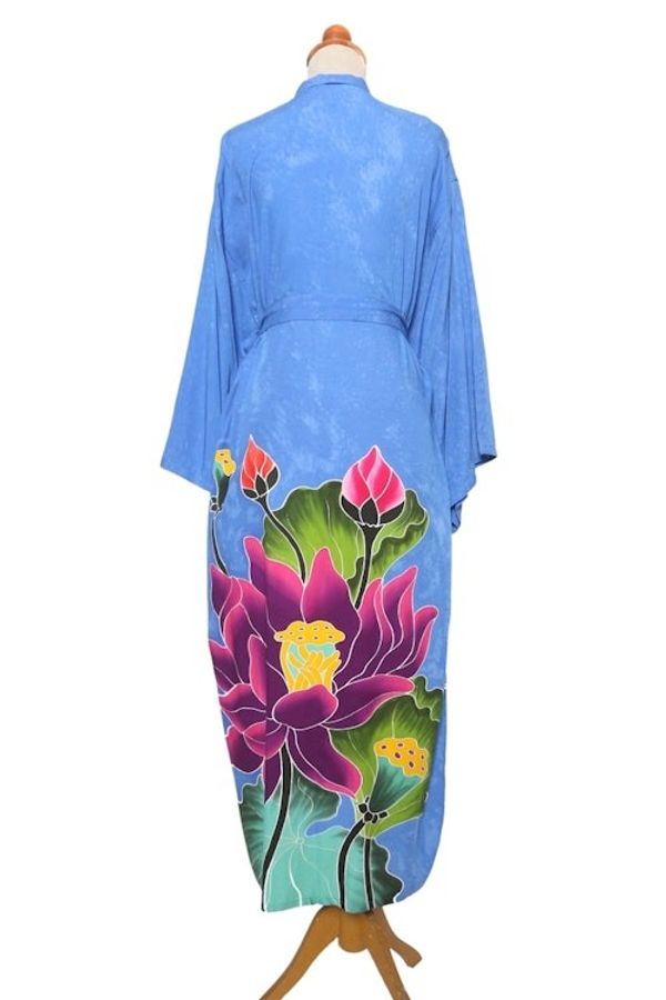 Alternate image for Blue and Multicolored Floral Rayon Robe Beautiful Flowers in Blue