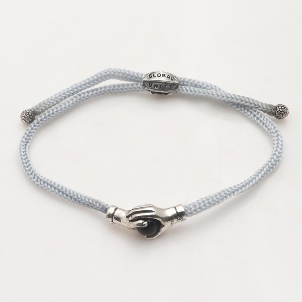 Bali Black Agate Sterling Silver Grey Cord Unity Bracelet 'Silver Grey Handshake'