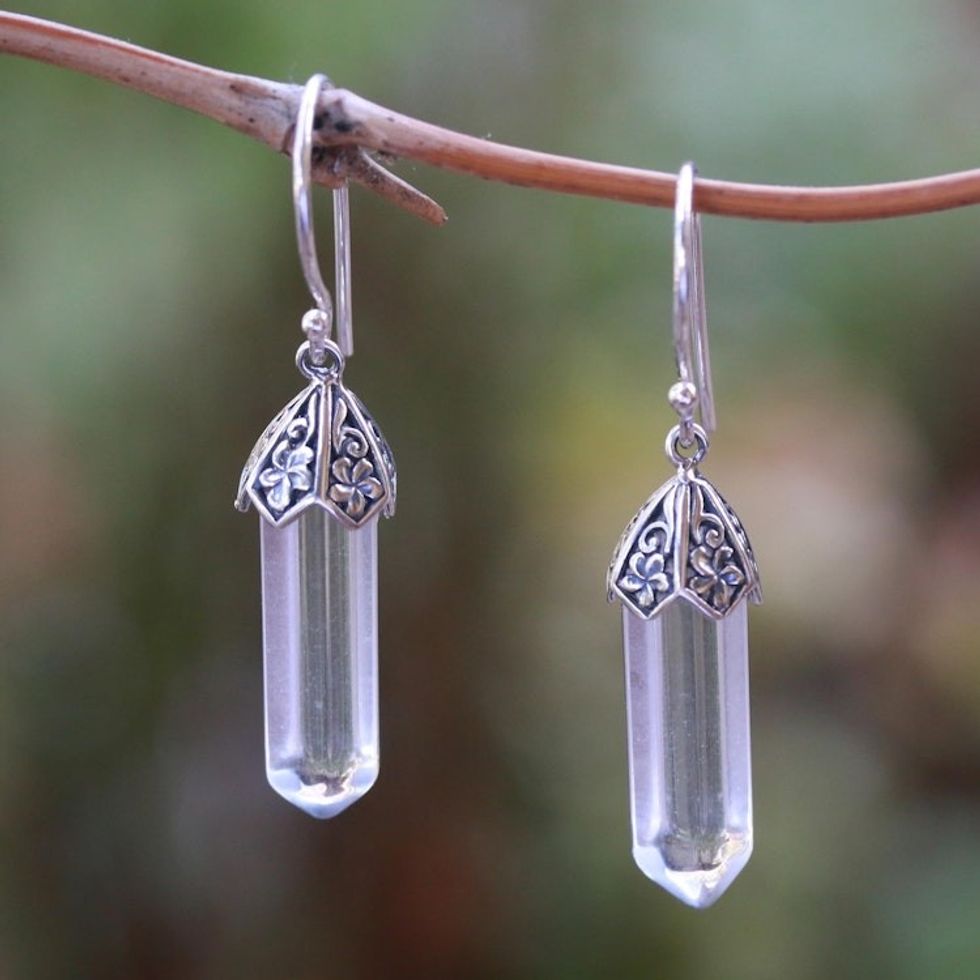 Floral Clear Quartz Dangle Earrings from Bali 'Clear Crystals'