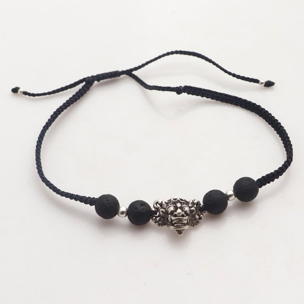 Handmade Black Lava Stone and Sterling Silver Unity Bracelet 'Barong in Unity'