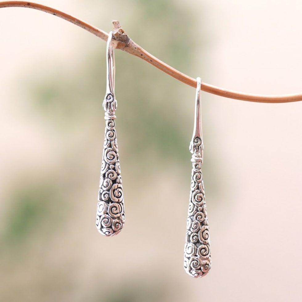 Drop-Shaped Sterling Silver Dangle Earrings Crafted in Bali 'Buddha's Drops'