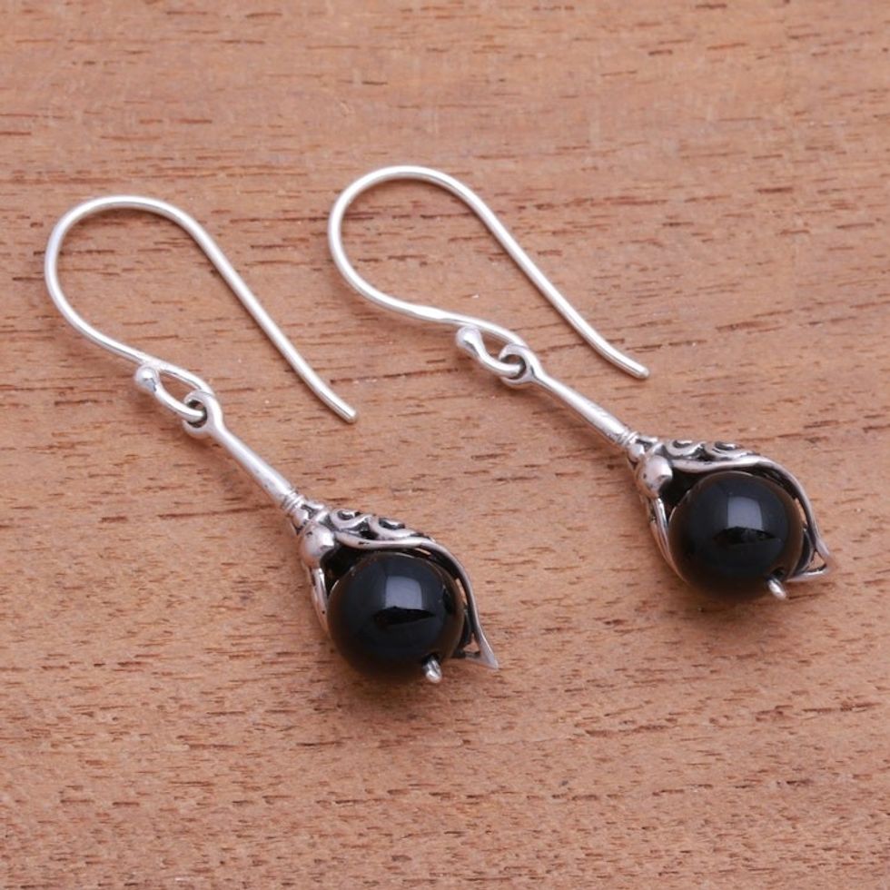 Round Onyx Dangle Earrings Crafted in India 'Fantastic Fruit'