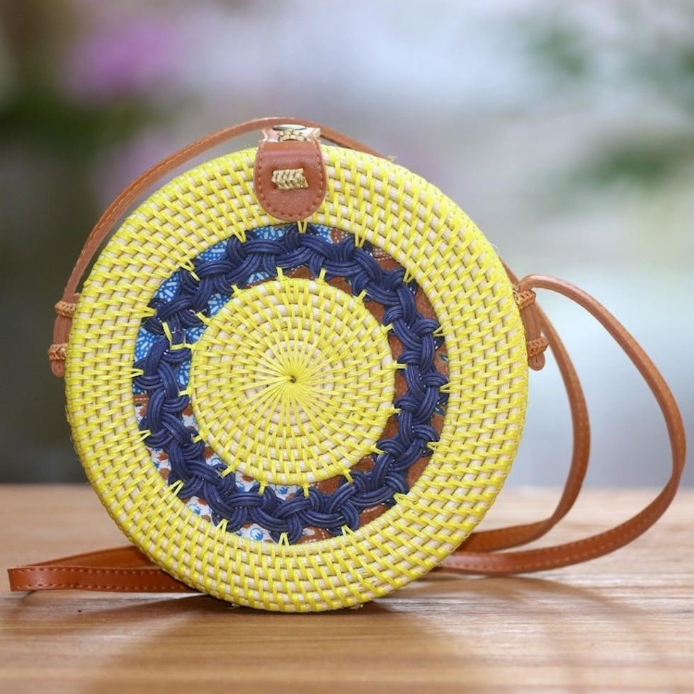 Yellow Bamboo and Ate Grass Woven Round Shoulder Bag 'Sunny State'