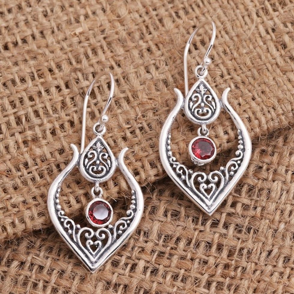 Balinese Garnet and Sterling Silver Dangle Earrings 'Red Flash'