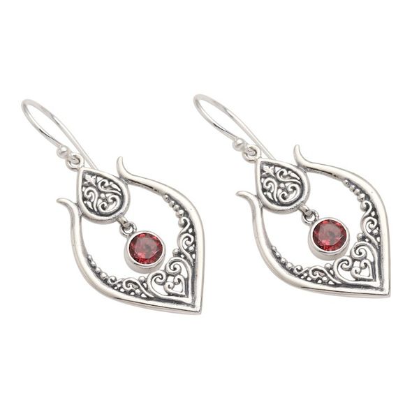 Alternate image for Balinese Garnet and Sterling Silver Dangle Earrings Red Flash