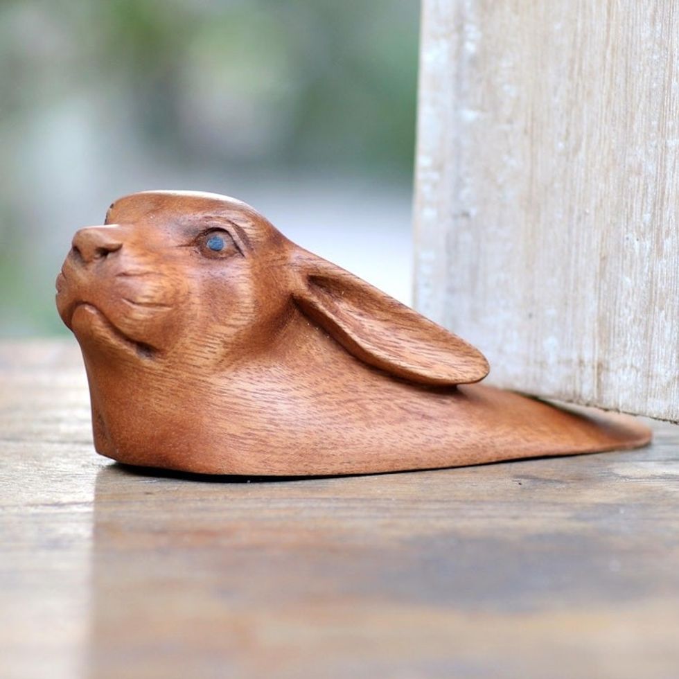 Hand Carved Wood Rabbit Doorstop from Bali 'Rabbit Head'