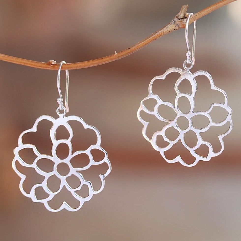 Rose Flower Sterling Silver Dangle Earrings from Bali 'Rosy Beauty'