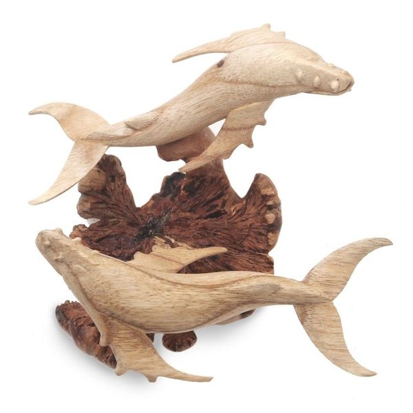 Alternate image for Unique Hand Carved Wood Whale Sculpture Grey Whale Couple