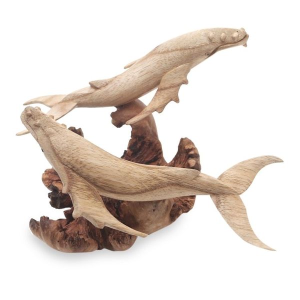 Alternate image for Unique Hand Carved Wood Whale Sculpture Grey Whale Couple