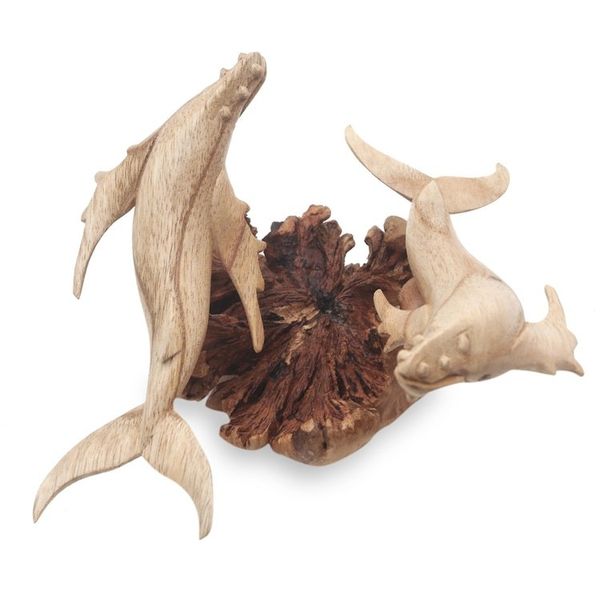 Alternate image for Unique Hand Carved Wood Whale Sculpture Grey Whale Couple