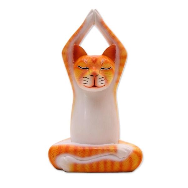 Alternate image for Orange Suar Wood Asana Pose Yoga Cat Sculpture from Bali Toward the Sky Orange Yoga Cat