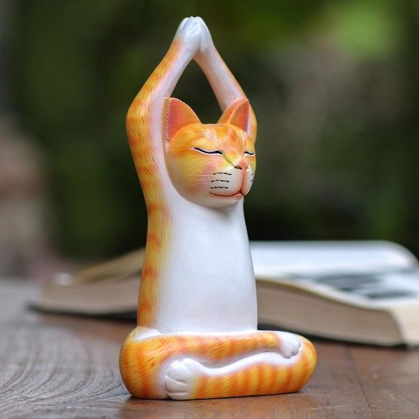 Alternate image for Orange Suar Wood Asana Pose Yoga Cat Sculpture from Bali Toward the Sky Orange Yoga Cat