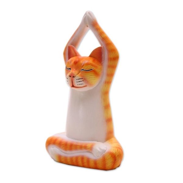 Alternate image for Orange Suar Wood Asana Pose Yoga Cat Sculpture from Bali Toward the Sky Orange Yoga Cat