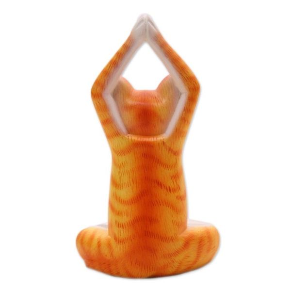 Alternate image for Orange Suar Wood Asana Pose Yoga Cat Sculpture from Bali Toward the Sky Orange Yoga Cat
