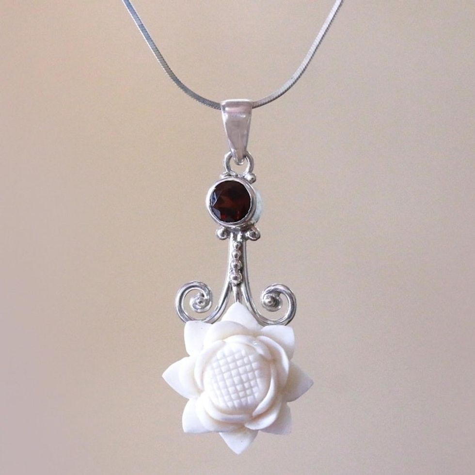 Floral Garnet Pendant Necklace from Bali 'Glittering Padma'