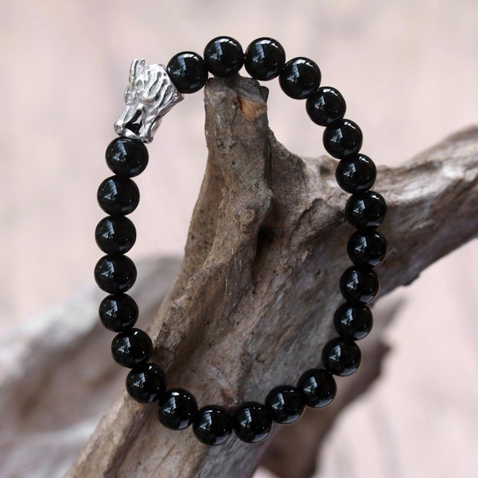 Rhodium Plated Dragon Onyx Beaded Stretch Bracelet 'Tranquil Dragon'