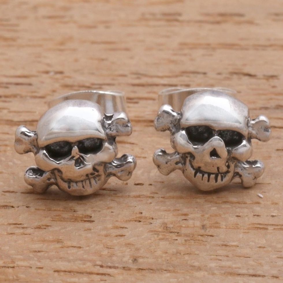Skull and Crossbones Sterling Silver Stud Earrings from Bali 'Skull and Crossbones'