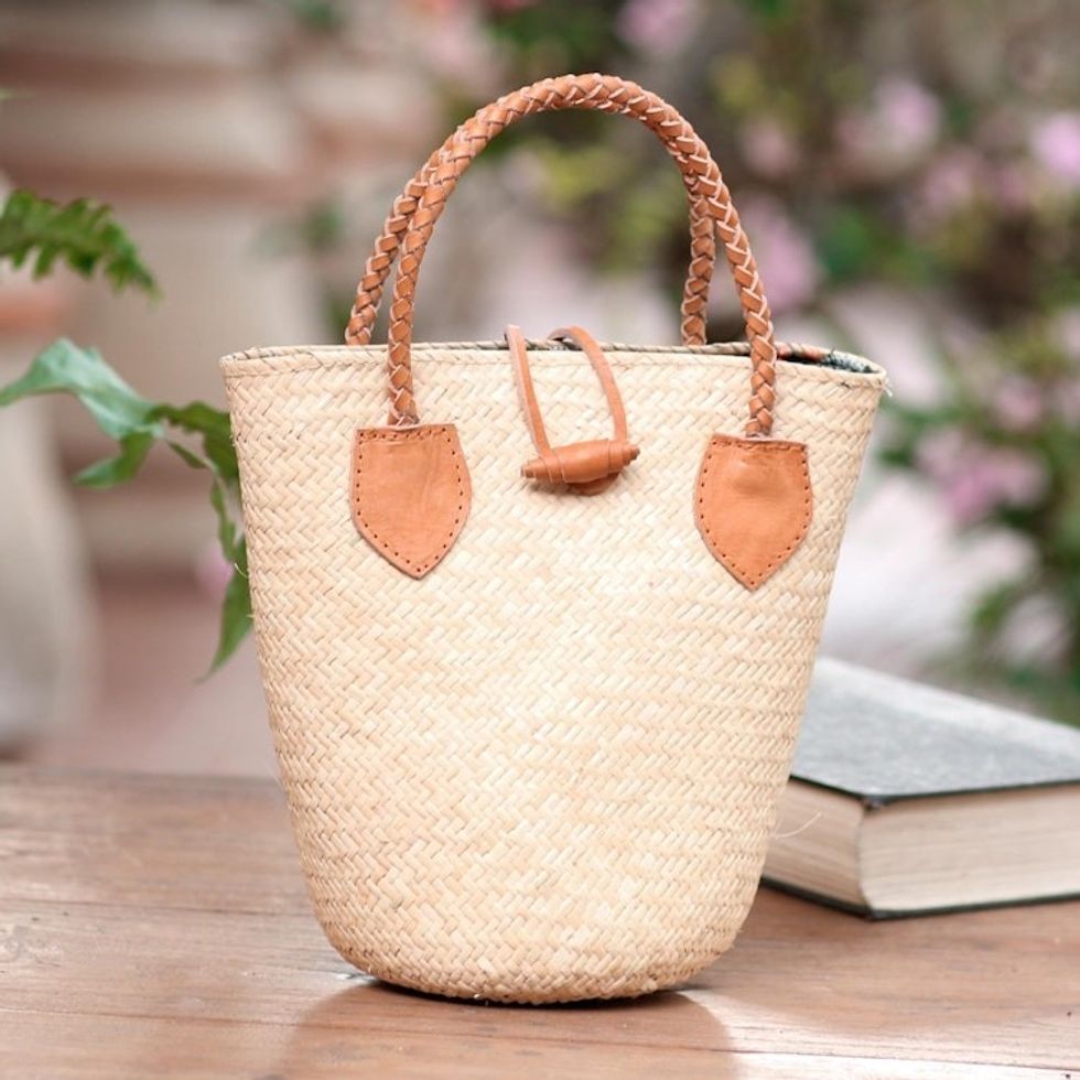 Natural Rattan Handbag with Tan Leather Trim 'Sunda Simplicity'