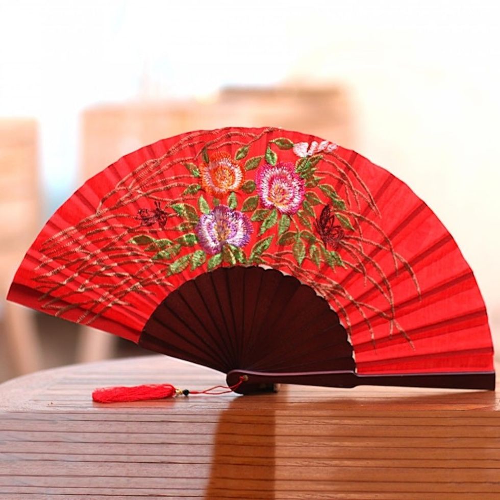 Floral Embroidered Silk Hand Fan in Poppy from Bali 'Poppy Bliss'