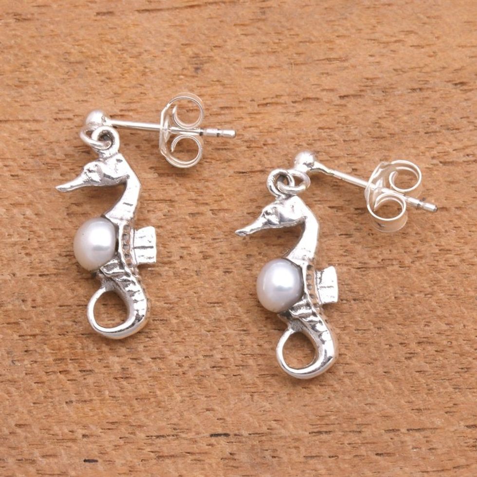Bali Sterling Silver Seahorse Earrings with White Pearls 'Amed Beach Seahorse'