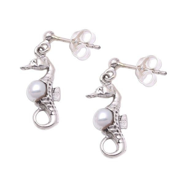 Alternate image for Bali Sterling Silver Seahorse Earrings with White Pearls Amed Beach Seahorse
