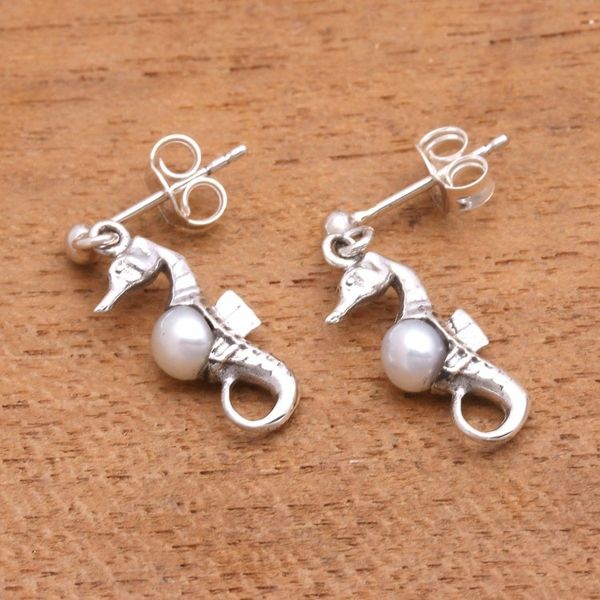 Alternate image for Bali Sterling Silver Seahorse Earrings with White Pearls Amed Beach Seahorse