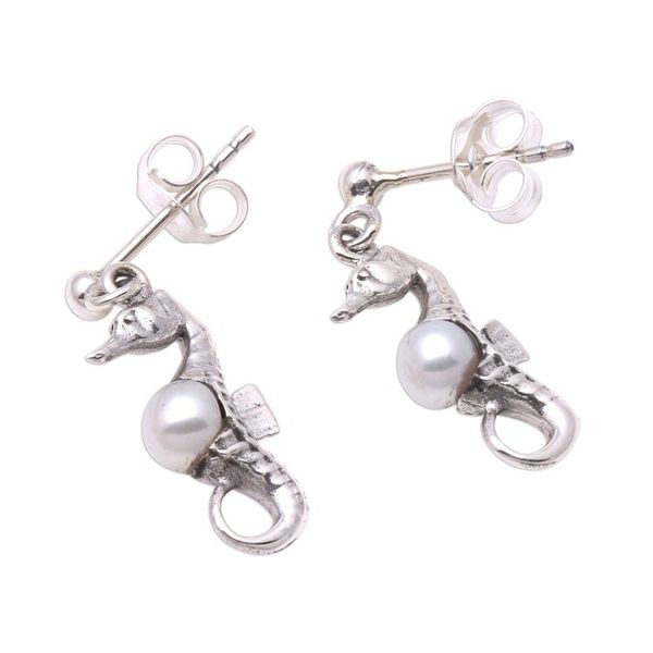 Alternate image for Bali Sterling Silver Seahorse Earrings with White Pearls Amed Beach Seahorse