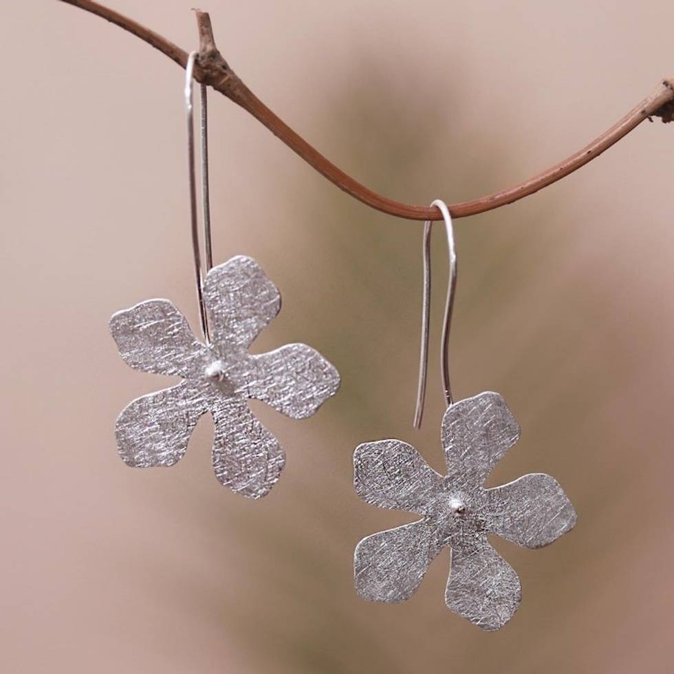 Sterling Silver Frangipani Flower Dangle Earrings from Bali 'Spinning Frangipani'