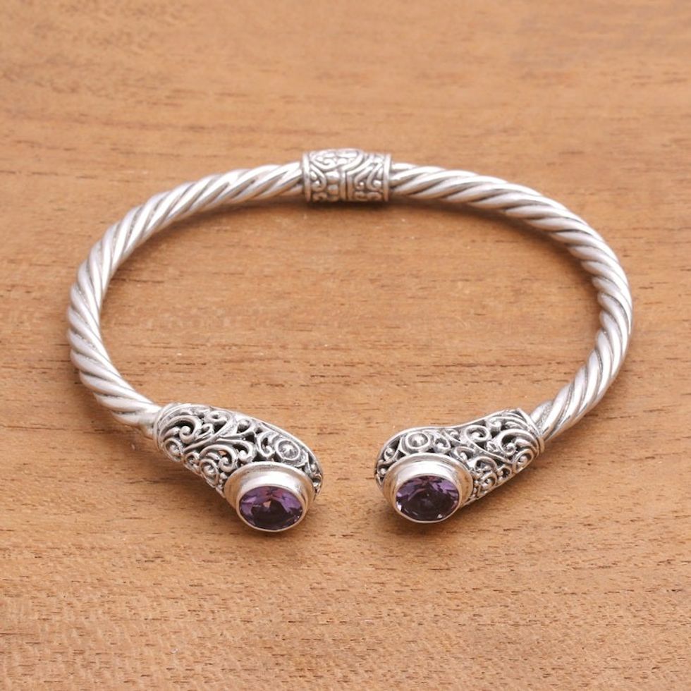 Spiral Pattern Amethyst Cuff Bracelet from Bali 'Royal Pattern'