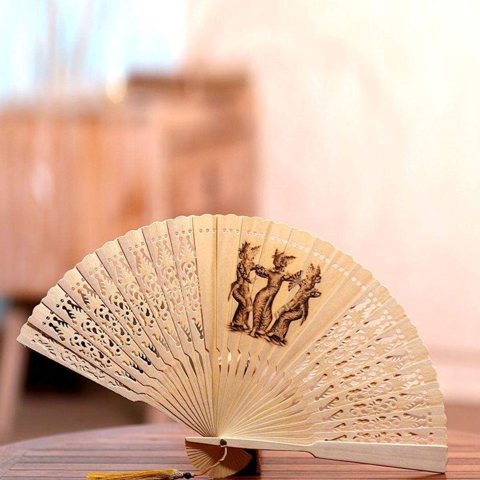 Dance-Themed Mahogany Wood Hand Fan Crafted in Bali 'Legong Dance'