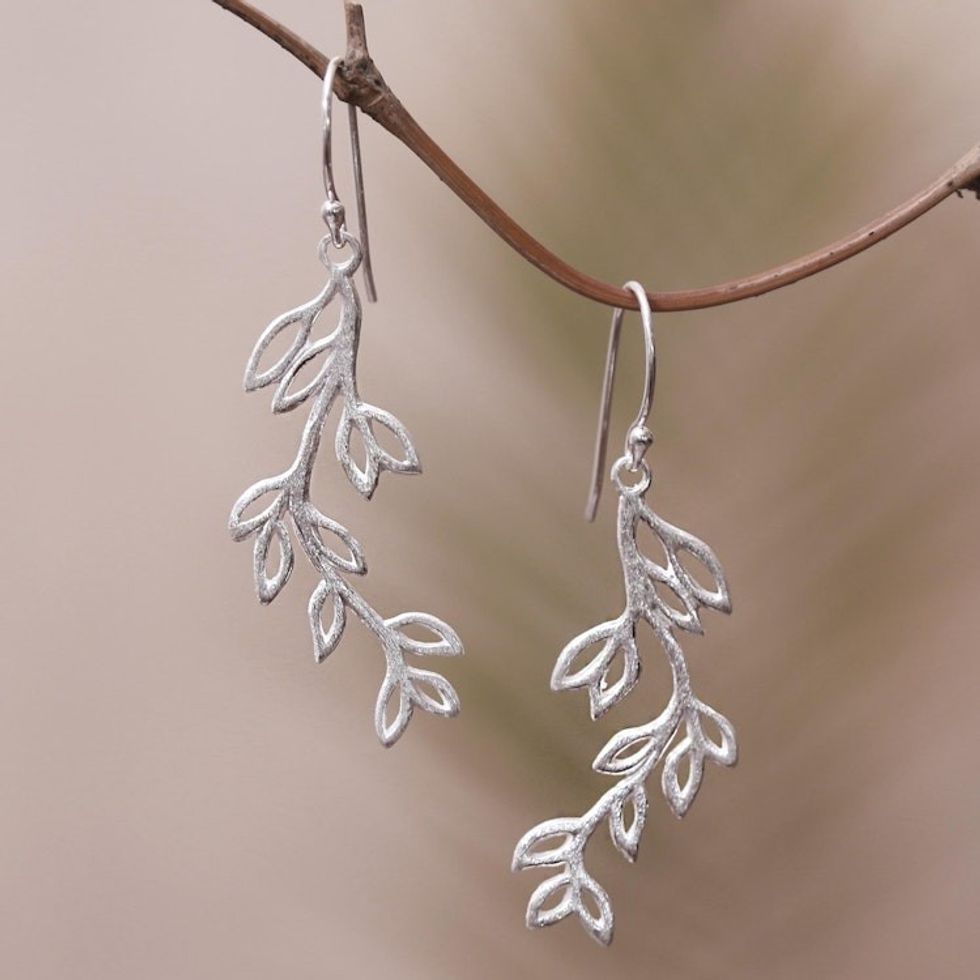 Leaf-Themed Sterling Silver Dangle Earrings from Bali 'Cute Leaves'