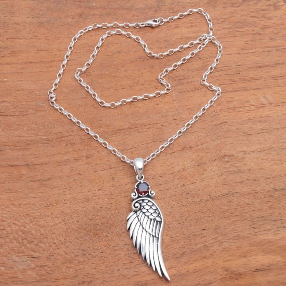 Wing-Themed Garnet Pendant Necklace from Bali 'One Wing'