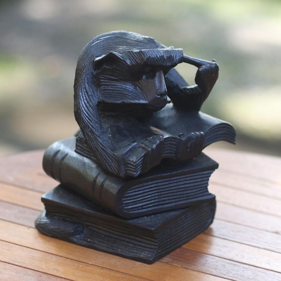 Suar Wood Sculpture of a Studious Monkey from Bali 'Studying Monkey'