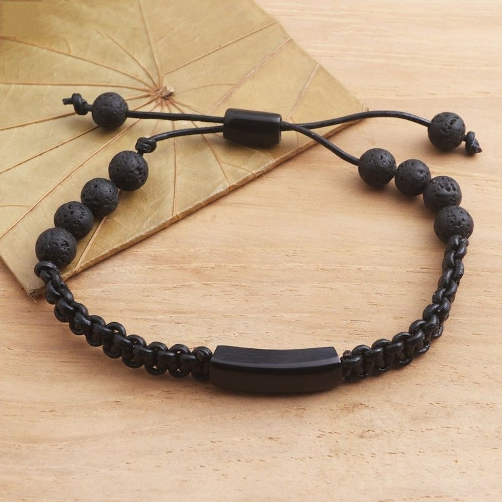 Hand Made Buffalo Horn and Lava Stone Beaded Bracelet 'Midnight Protection'