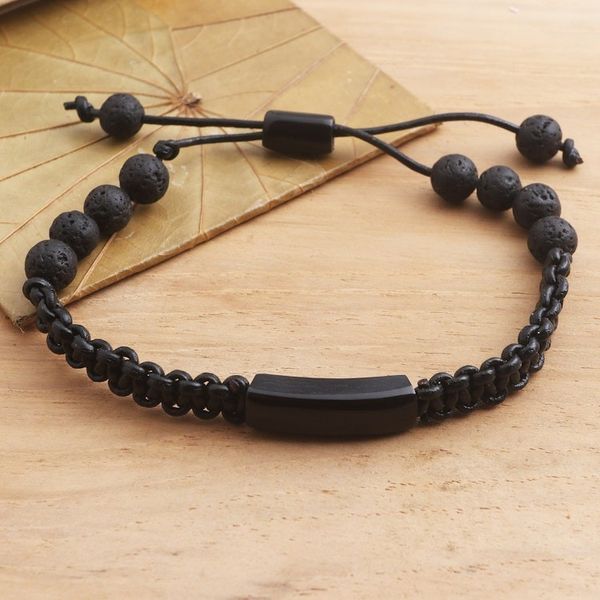 Alternate image for Hand Made Buffalo Horn and Lava Stone Beaded Bracelet Midnight Protection