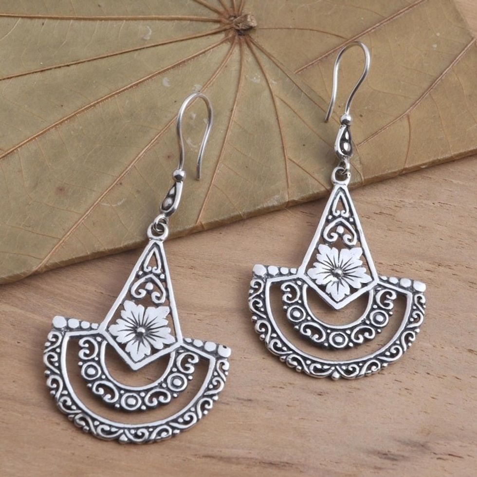 Balinese Style Sterling Silver Dangle Earrings 'Sacred Blossom'