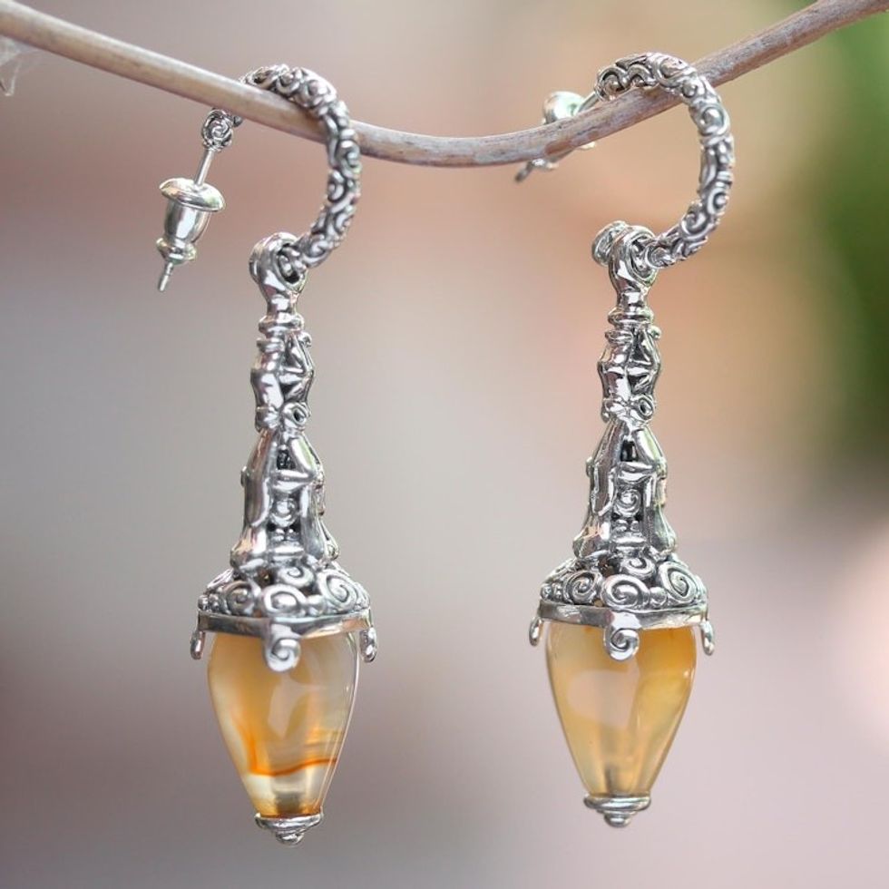 Sterling Silver and Carnelian Earrings Handcrafted in Bali 'Temple Lantern'