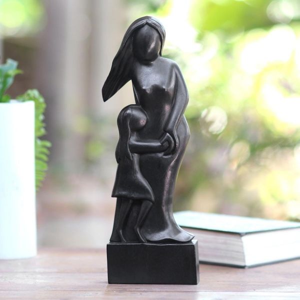 Alternate image for Hand Carved Black Wood Sculpture of Mother and Daughter Mother and Daughter in Black