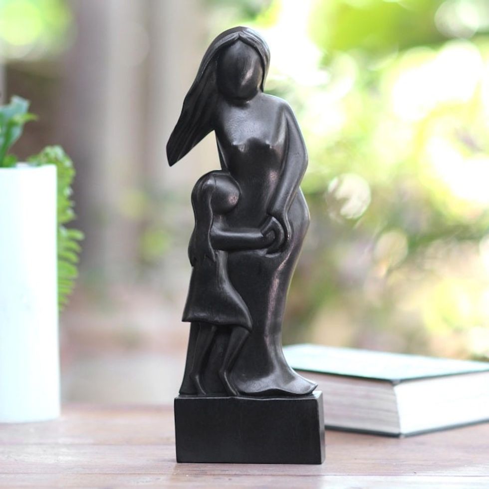 Hand Carved Black Wood Sculpture of Mother and Daughter 'Mother and Daughter in Black'